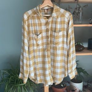 Pilcro Anthropologie Relaxed Shirt Yellow Motif Mustard Plaid Stitched